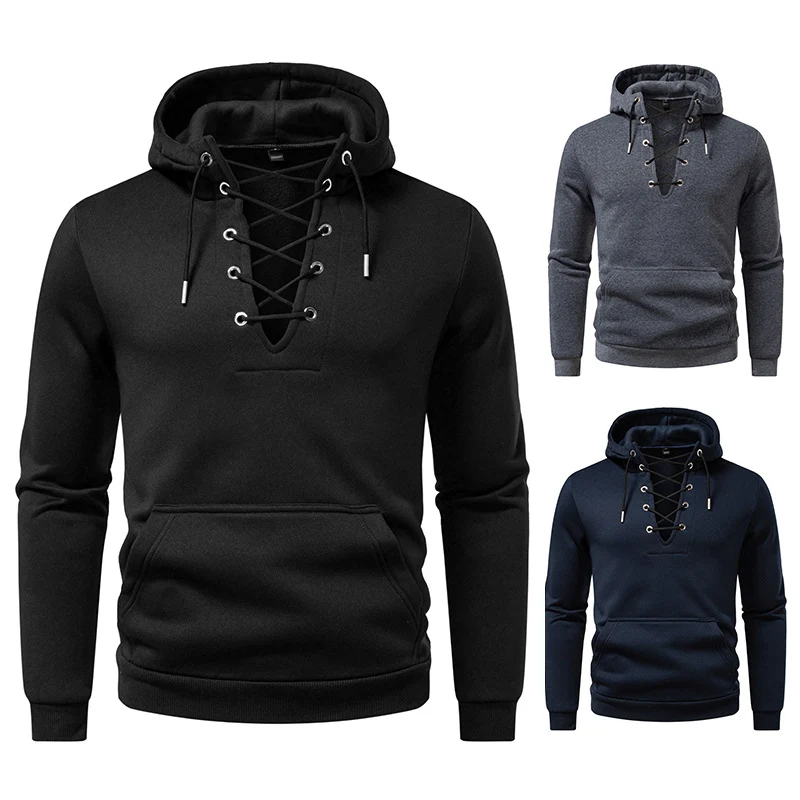 Herren Kapuzenpullover im Casual‑Look mit V‑Schnürung, Kängurutasche und gerippten Bündchen Nord Taschen