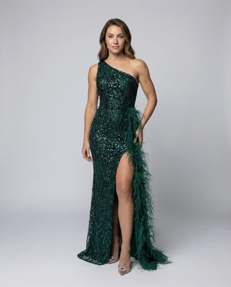 Damen Prunkvolle Federbesetzte-Schleppe Abendkleid