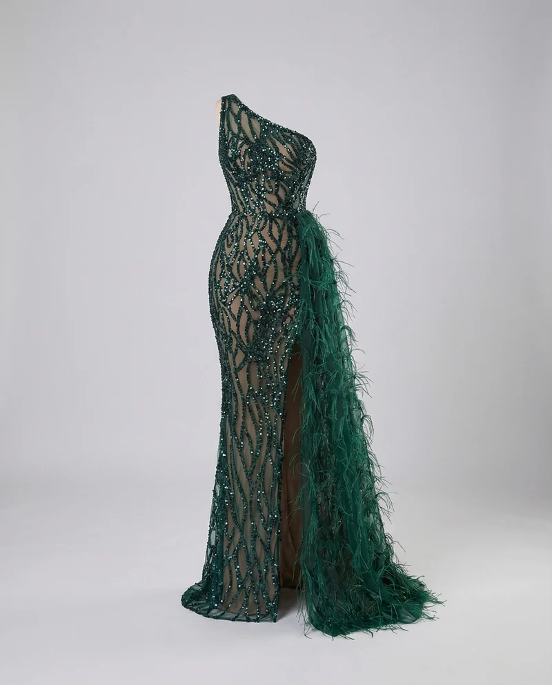 Damen Prunkvolle Federbesetzte-Schleppe Abendkleid