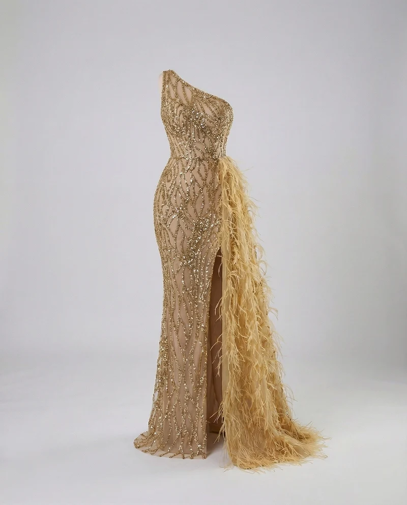 Damen Prunkvolle Federbesetzte-Schleppe Abendkleid