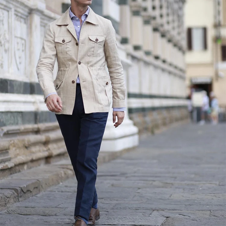 Herren Leinen-Mix Feldjacke mit Pattentaschen und taillierter Passform Nord Taschen