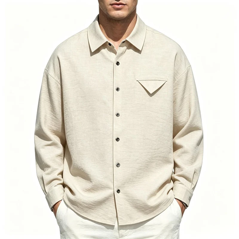 Herren Leichtes Texturiertes Overshirt mit Hemdkragen und Brustklappen-Tasche Nord Taschen