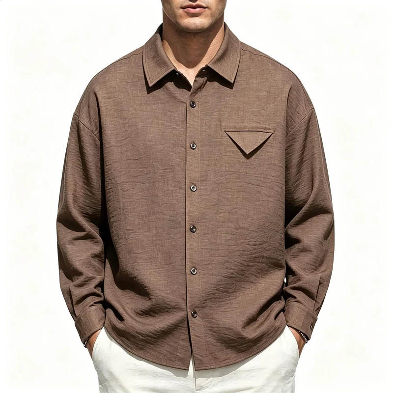 Herren Leichtes Texturiertes Overshirt mit Hemdkragen und Brustklappen-Tasche Nord Taschen