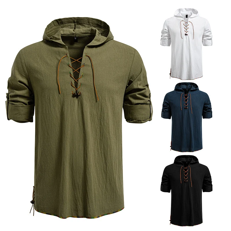Herren Leichtes Kapuzen-Shirt mit dekorativer Schnürung, Kurzarm und Longline-Schnitt Nord Taschen