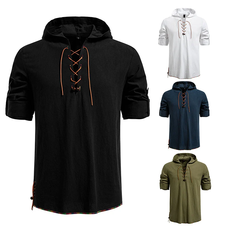 Herren Leichtes Kapuzen-Shirt mit dekorativer Schnürung, Kurzarm und Longline-Schnitt Nord Taschen
