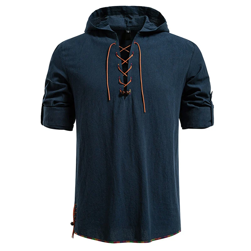 Herren Leichtes Kapuzen-Shirt mit dekorativer Schnürung, Kurzarm und Longline-Schnitt Nord Taschen