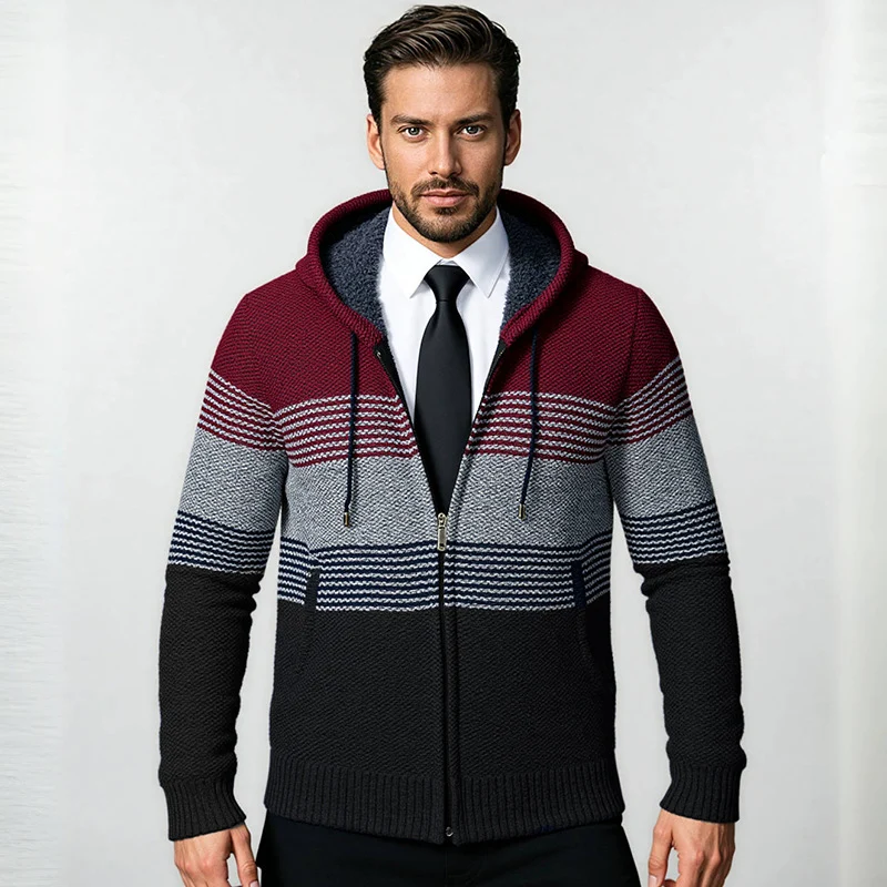 Herren Kapuzen-Strickzipjacke mit farbverlaufendem Blockstreifenmuster und thermischer Struktur Nord Taschen