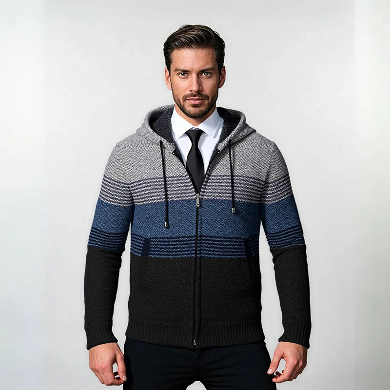 Herren Kapuzen-Strickzipjacke mit farbverlaufendem Blockstreifenmuster und thermischer Struktur Nord Taschen