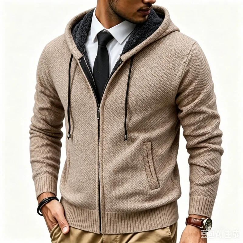 Herren Kapuzen-Strickjacke mit Teddyfutter und durchgehendem Reißverschluss Nord Taschen