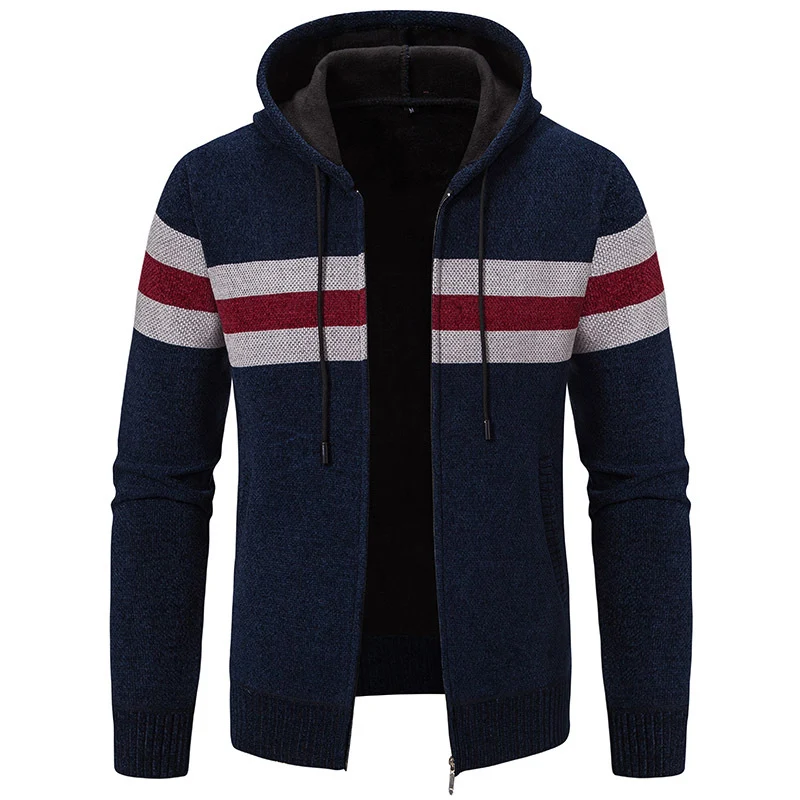 Herren Kapuzen-Strickjacke mit durchgehendem Reißverschluss, Kontraststreifen und Eingrifftaschen Nord Taschen