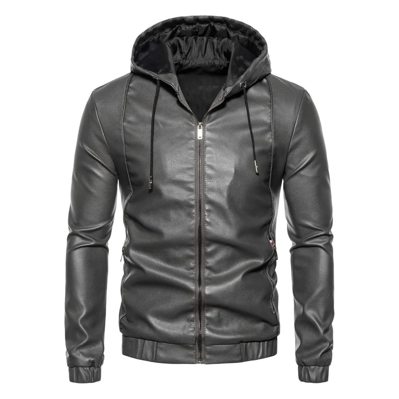 Herren Kapuzen-Lederjacke im Bikerstil mit Reißverschluss und schmaler Silhouette Nord Taschen