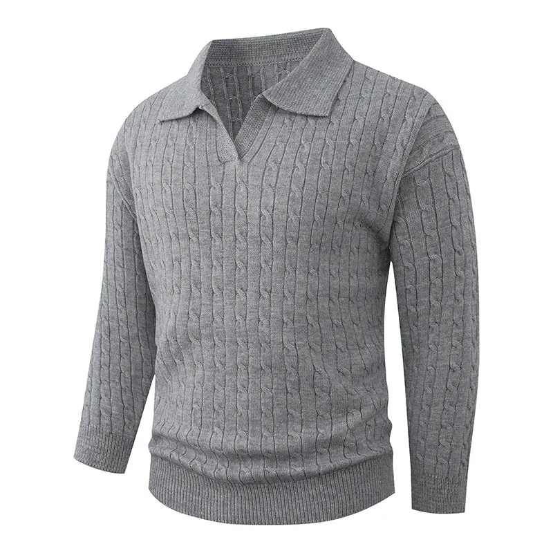 Herren Kabelstrick-Polo-Pullover mit V-Ausschnitt und Zopfmuster Nord Taschen