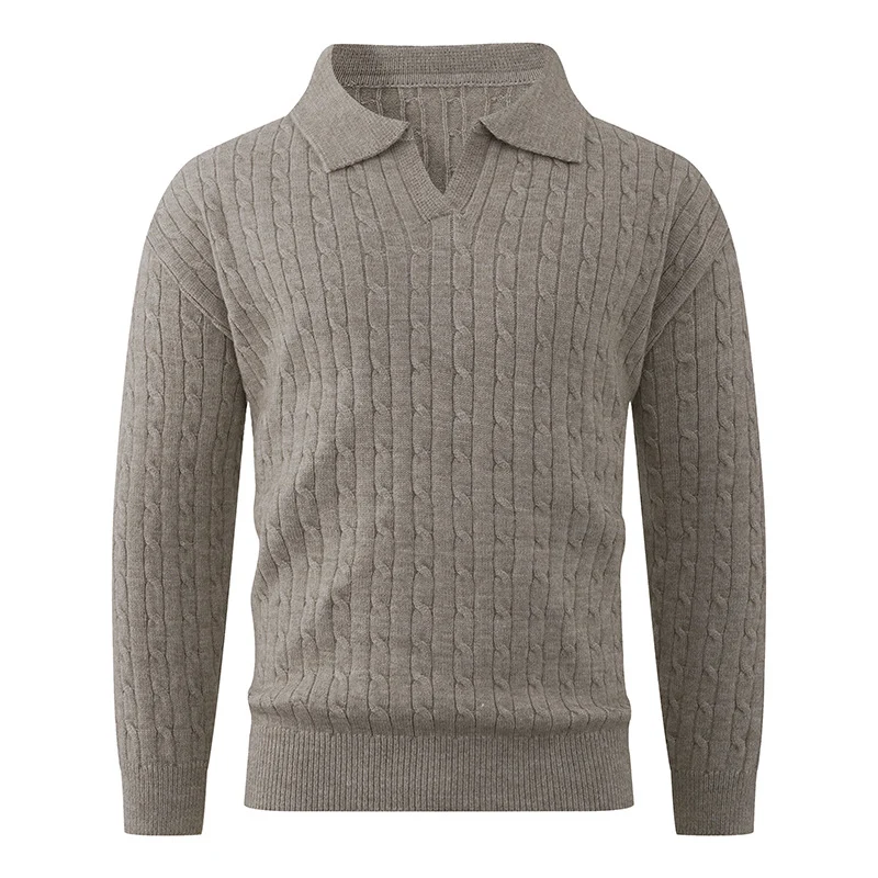 Herren Kabelstrick-Polo-Pullover mit V-Ausschnitt und Zopfmuster Nord Taschen