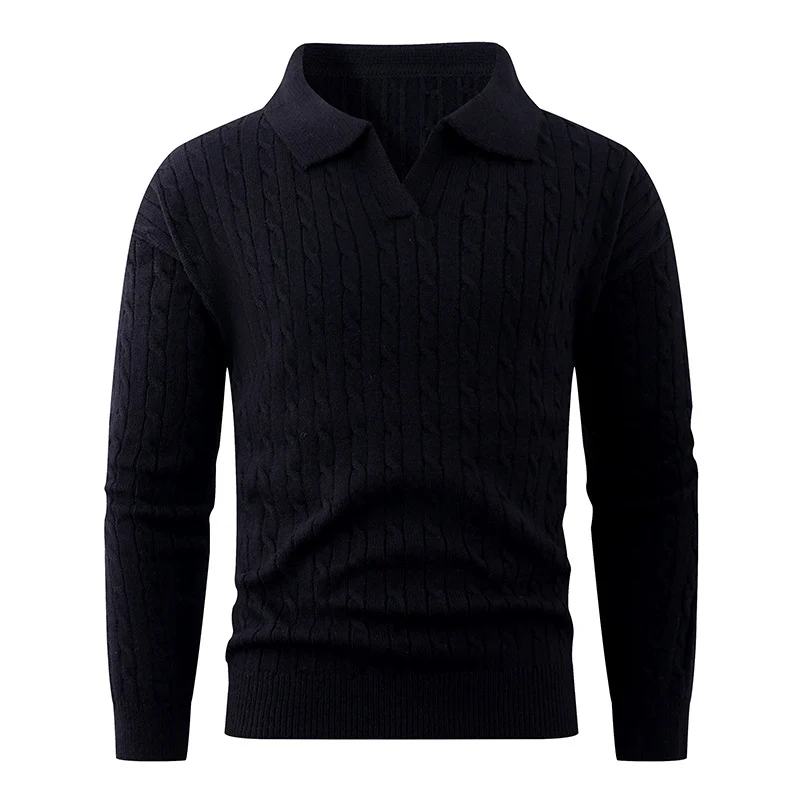 Herren Kabelstrick-Polo-Pullover mit V-Ausschnitt und Zopfmuster Nord Taschen