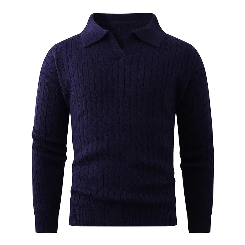 Herren Kabelstrick-Polo-Pullover mit V-Ausschnitt und Zopfmuster Nord Taschen