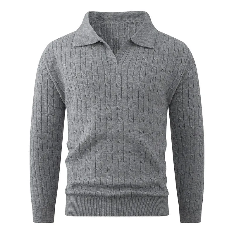 Herren Kabelstrick-Polo-Pullover mit V-Ausschnitt und Zopfmuster Nord Taschen