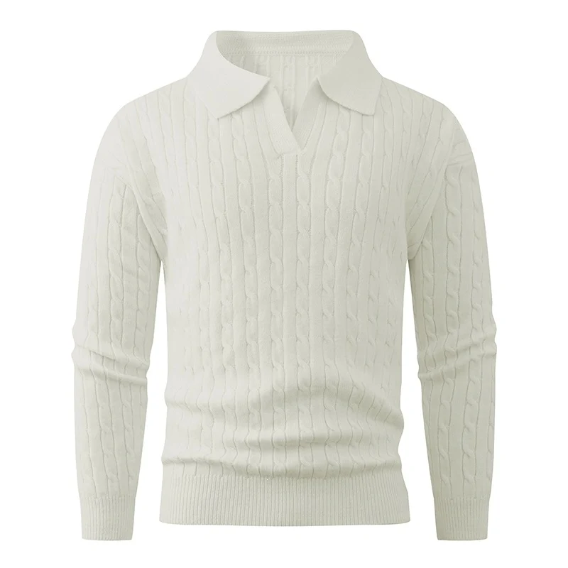 Herren Kabelstrick-Polo-Pullover mit V-Ausschnitt und Zopfmuster Nord Taschen