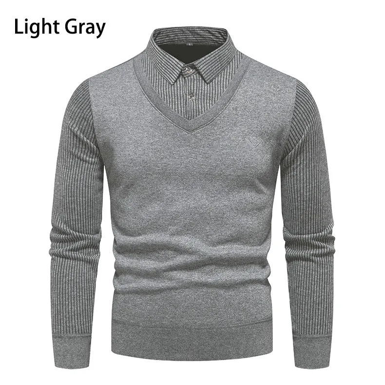 Herren Figurbetonter V‑Ausschnitt-Pullover mit integriertem Hemdkragen und gerippten Ärmeln Nord Taschen