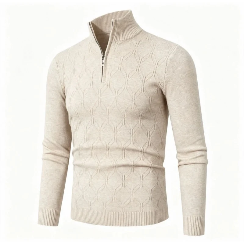 Herren Figurbetonter Stehkragenpullover mit halbem Reißverschluss und geometrischem Strukturstrick Nord Taschen