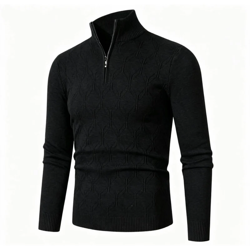 Herren Figurbetonter Stehkragenpullover mit halbem Reißverschluss und geometrischem Strukturstrick Nord Taschen