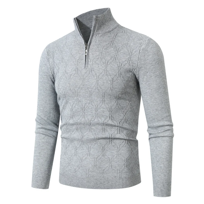 Herren Figurbetonter Stehkragenpullover mit halbem Reißverschluss und geometrischem Strukturstrick Nord Taschen