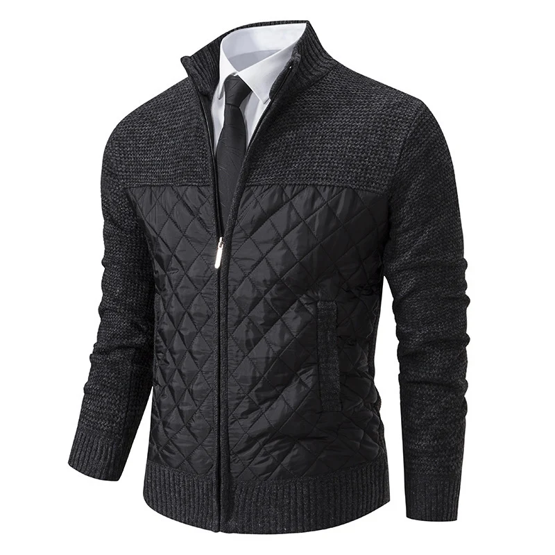 Herren Hybrid‑Strickjacke mit gestepptem Frontpanel, Stehkragen und durchgehendem Reißverschluss Nord Taschen