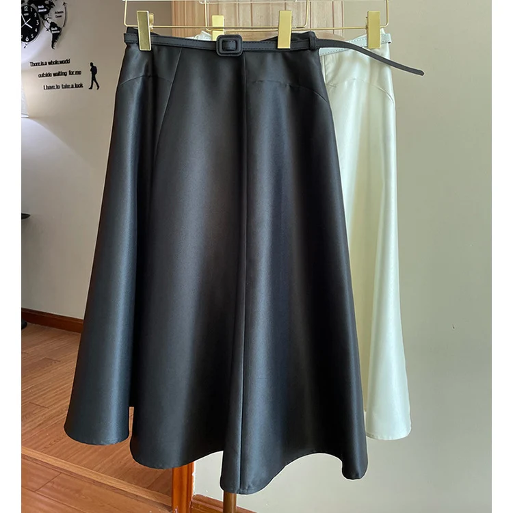 Damen Satin-Midirock mit ausgestellter A‑Linie und schmalem Bindegürtel Nord Taschen