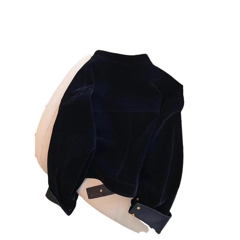 Damen Samt‑Bikerjacke mit Lederbesatz, taillierbarem Gürtel & goldenen Details Nord Taschen