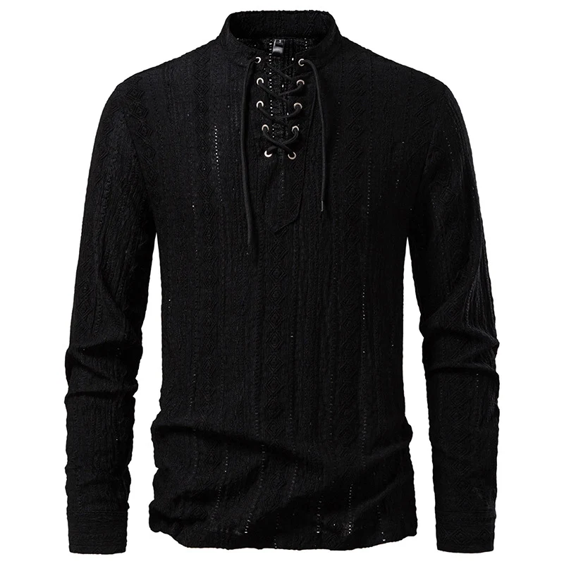 Herren Feinstruktur Henley-Langarmshirt mit Schnürung und Stehkragen Nord Taschen
