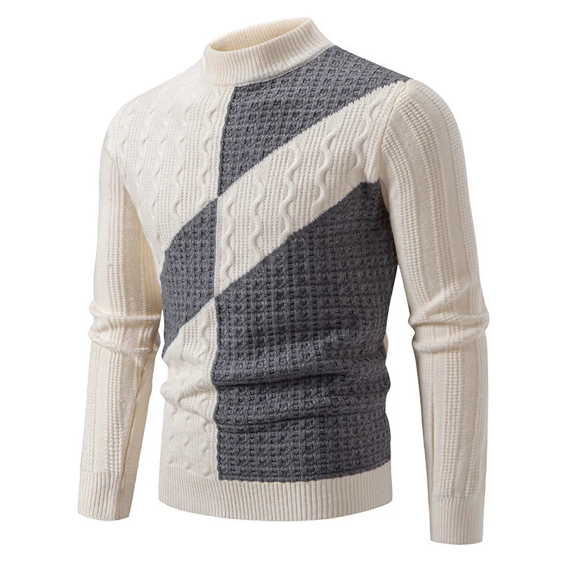 Herren Feinstrickpullover mit Zopfmuster, diagonalem Blockdesign und Stehkragen Nord Taschen