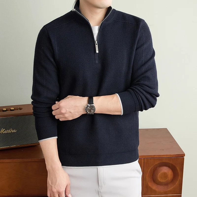 Herren Halbzip-Strickpullover mit Strukturstrick und kontrastiertem Stehkragen Nord Taschen