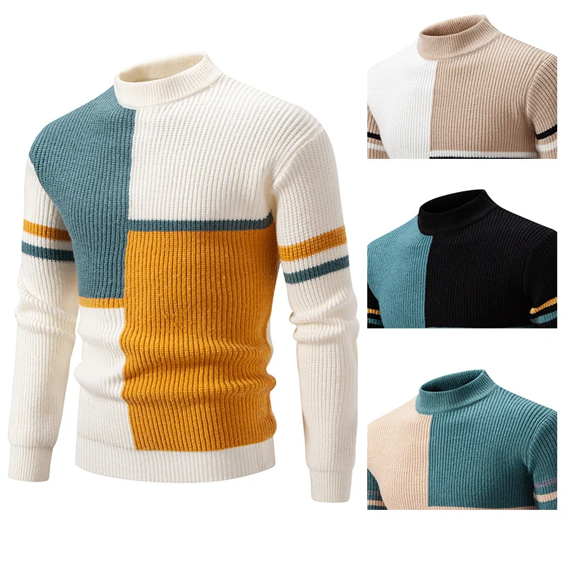 Herren Grobstrick-Pullover mit Stehkragen und kontrastierendem Blockstreifenmuster Nord Taschen