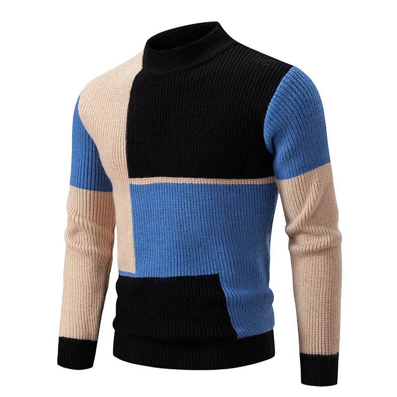 Herren Grobstrick-Pullover mit Stehkragen und kontrastierendem Blockstreifenmuster Nord Taschen