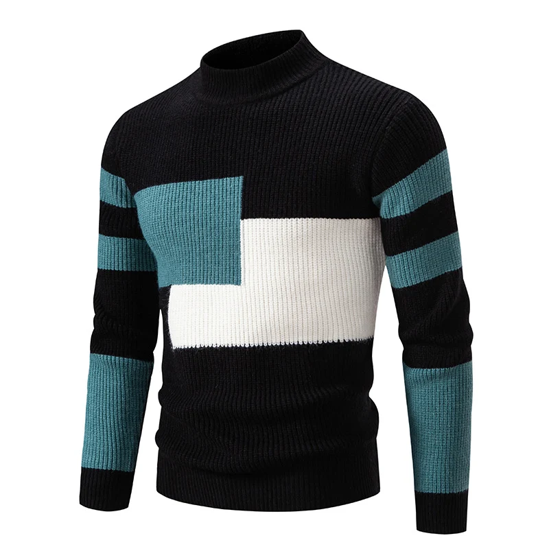 Herren Grobstrick-Pullover mit Stehkragen und kontrastierendem Blockstreifenmuster Nord Taschen