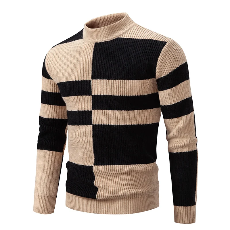 Herren Grobstrick-Pullover mit Stehkragen und kontrastierendem Blockstreifenmuster Nord Taschen