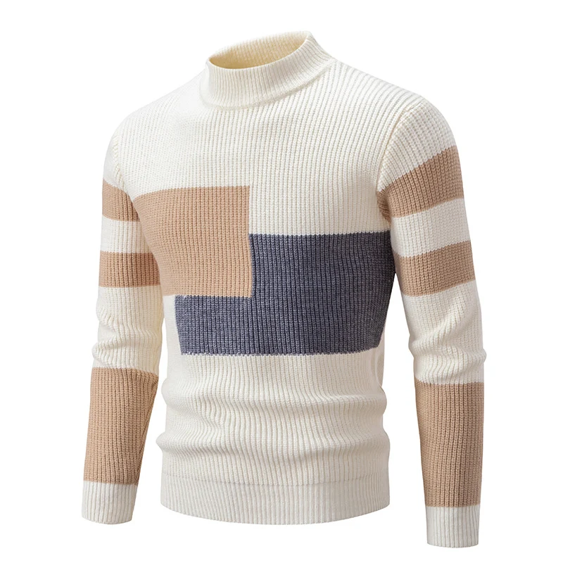 Herren Grobstrick-Pullover mit Stehkragen und kontrastierendem Blockstreifenmuster Nord Taschen