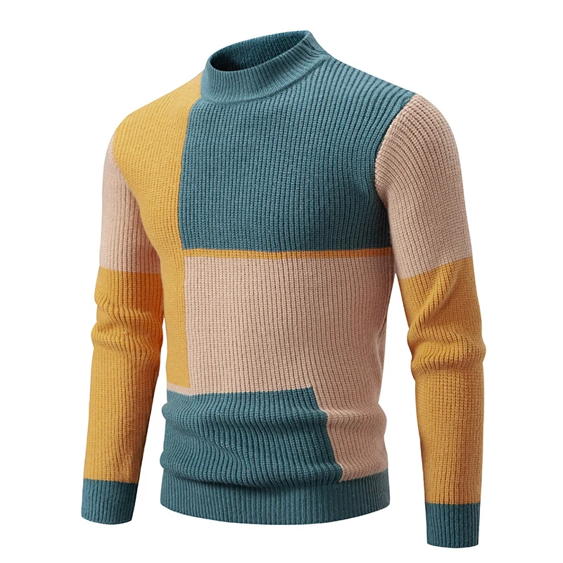 Herren Grobstrick-Pullover mit Stehkragen und kontrastierendem Blockstreifenmuster Nord Taschen