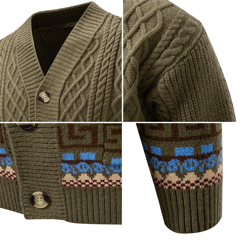 Herren Grobstrick-Cardigan mit Zopfmuster, Jacquard-Bändern und markanter Knopfleiste Nord Taschen