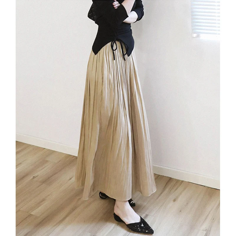 Damen plissierter Maxirock mit hoher Taille und fließendem Satinfall Nord Taschen