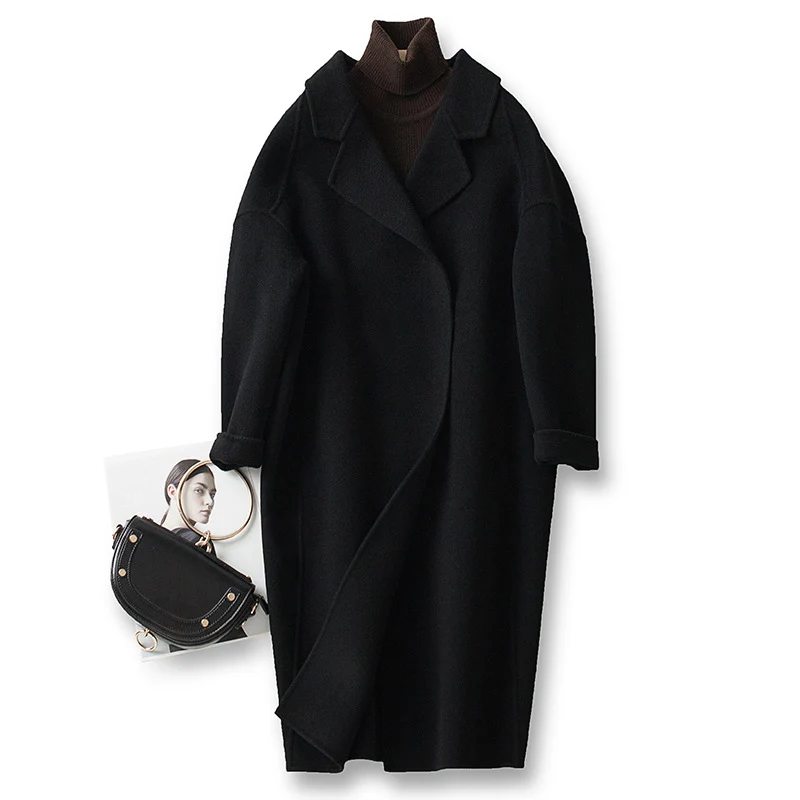 Damen Oversize Wollmix Mantel mit fallendem Revers und gerader Maxilänge Nord Taschen