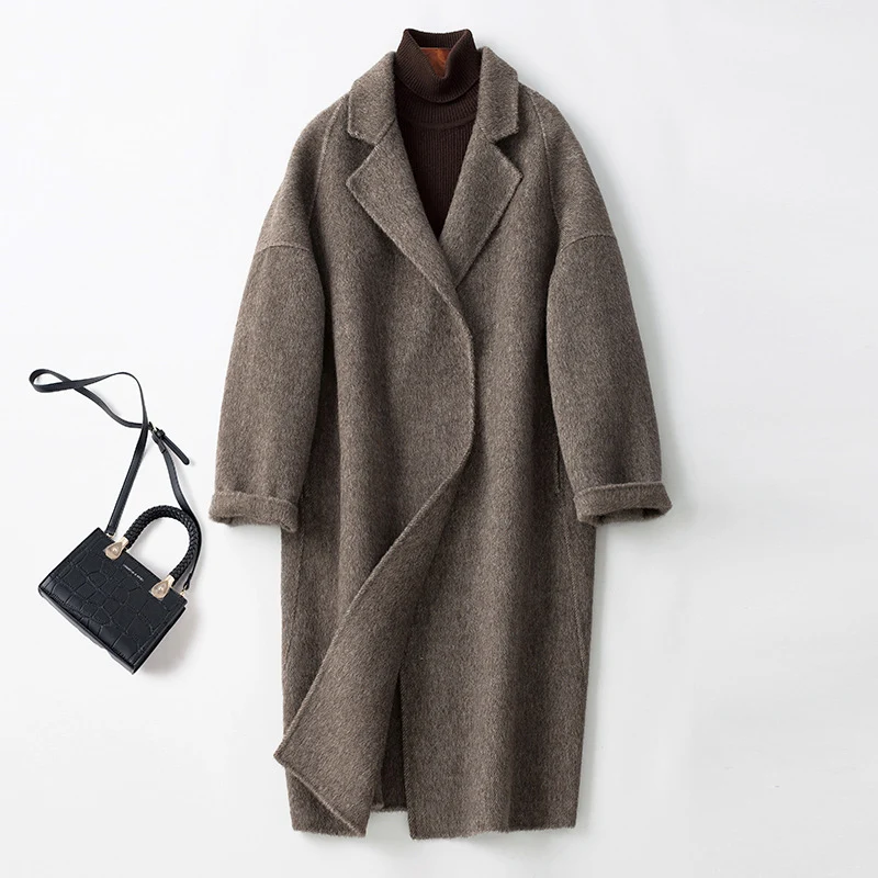 Damen Oversize Wollmix Mantel mit fallendem Revers und gerader Maxilänge Nord Taschen