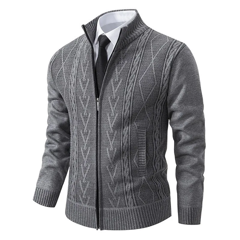 Herren Feinstrick-Zipjacke mit geometrischem Jacquardmuster, Stehkragen und Eingrifftaschen Nord Taschen