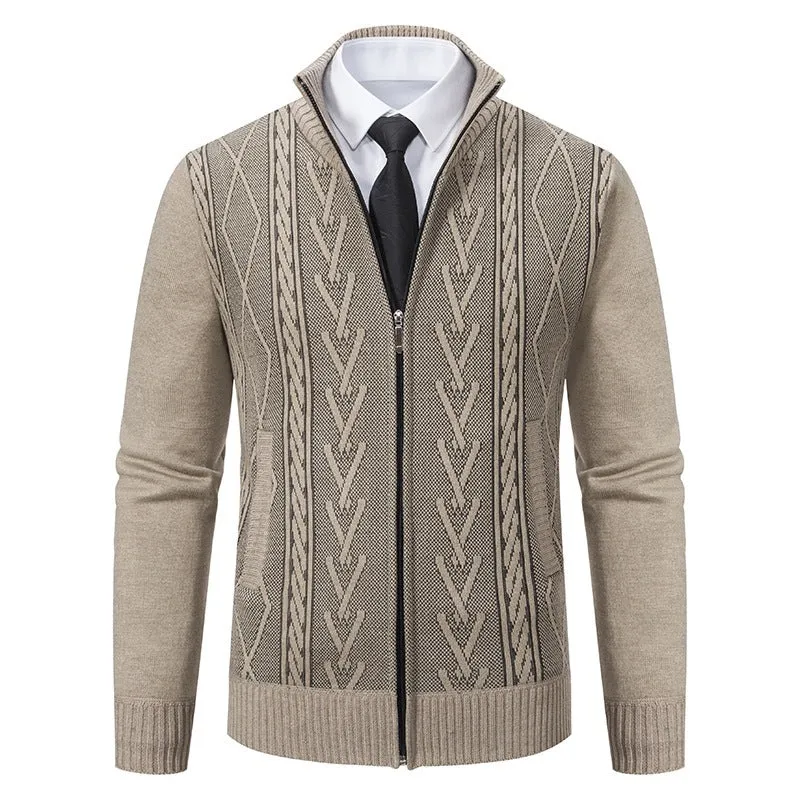Herren Feinstrick-Zipjacke mit geometrischem Jacquardmuster, Stehkragen und Eingrifftaschen Nord Taschen