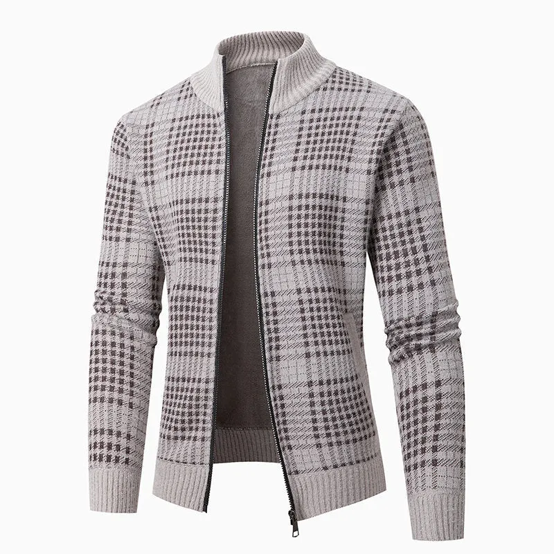 Herren Feinstrick-Zipcardigan mit Glencheck‑Muster, Stehkragen und Zwei‑Wege‑Reißverschluss Nord Taschen