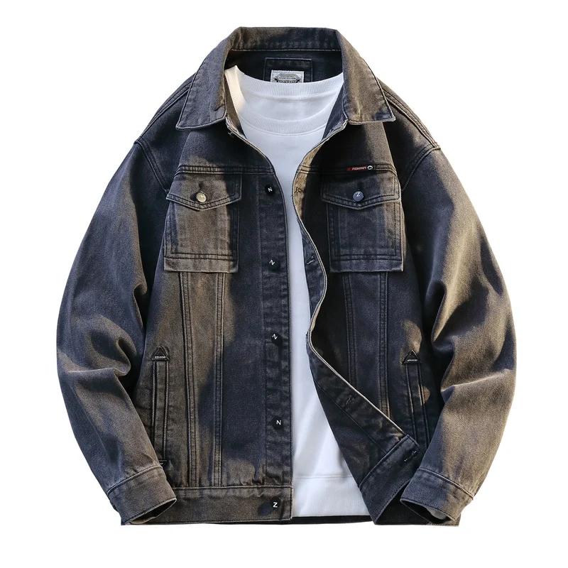 Herren Grobgewaschene Oversize-Jeansjacke mit Brustklapptaschen und durchgehender Knopfleiste Nord Taschen