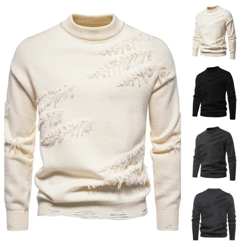Herren Grobgestrickter Pullover mit Mockneck und ausgefransten Riss-Details Nord Taschen