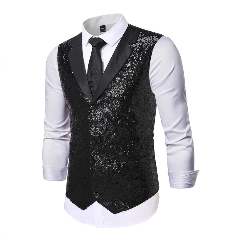 Herren Glänzende Pailletten‑Weste mit Satin‑Revers und taillierter Silhouette Nord Taschen