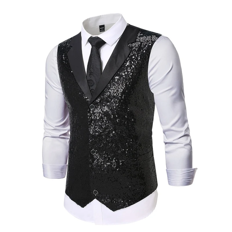 Herren Glänzende Pailletten‑Weste mit Satin‑Revers und taillierter Silhouette Nord Taschen