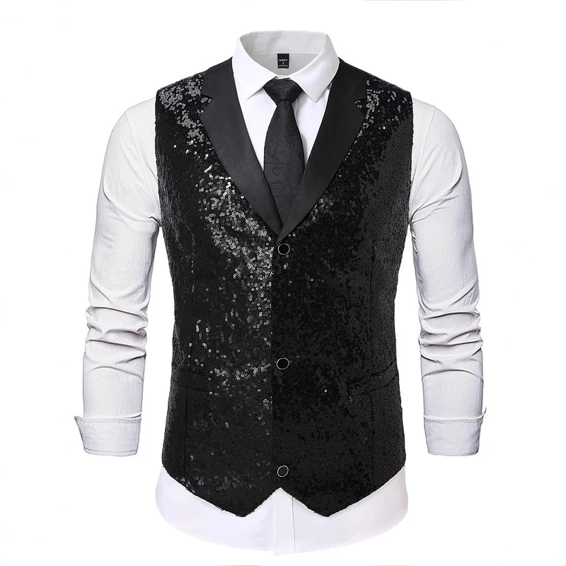 Herren Glänzende Pailletten‑Weste mit Satin‑Revers und taillierter Silhouette Nord Taschen