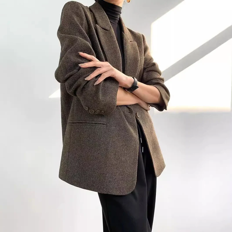 Damen Klassischer Woll-Tweed-Blazer mit schmalem Revers, Teilgefüttert und Ein-Knopf Nord Taschen